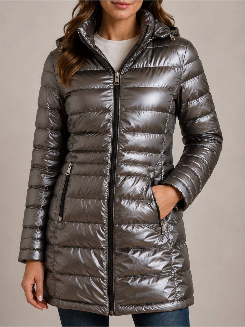 Andrew Marc Premium Down Packable Lightweight Hooded Puffer Coat Gray Small